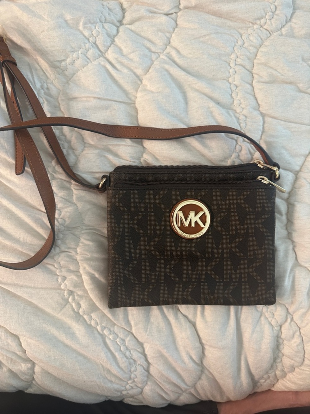 Michael Kors Dark Brown MK Signature Crossbody with Gold Logo